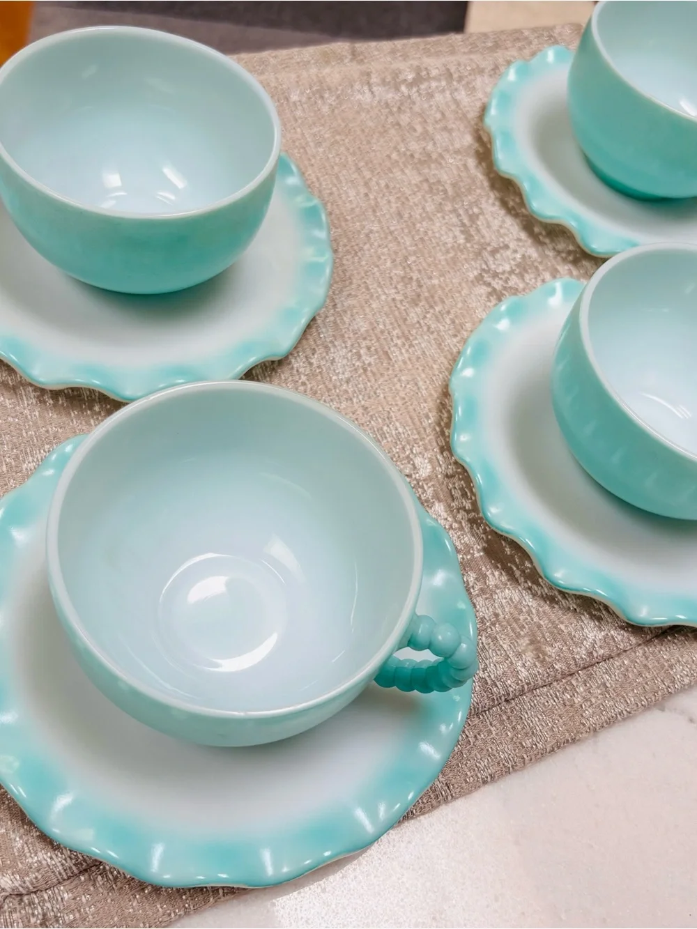 Vintage Hazel Atlas Turquoise Ripple Crinoline Cup and Saucer lot of 4